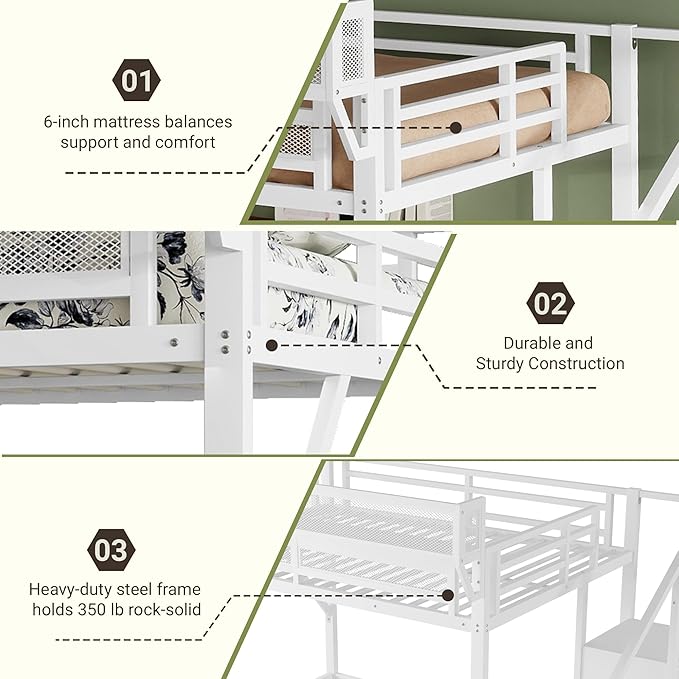 Mirightone Queen Size Loft Bed with Stairs and Storage, Metal Loft Bed Frame with Bedside Shelf and Large Under-Bed Space, Heavy-Duty Loft Beds for Adults Teens and Kids, Convertible Staircase, White