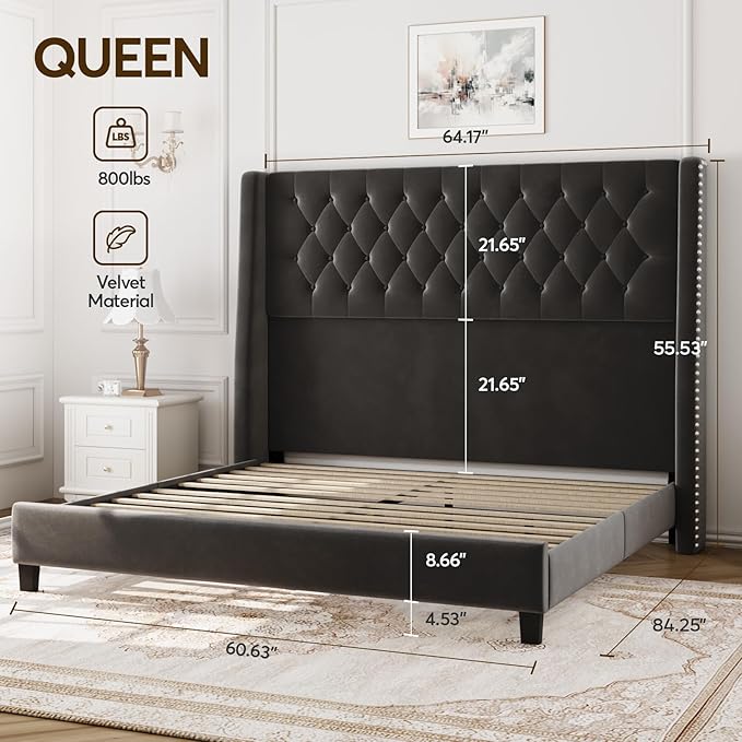 Queen Bed Frame with 55" Tall Headboard, Upholstered Bed Frames, Soft Fabric, Button Tufted Headboard with Windback, Platform Bed, Noise-Free, No Box Spring Needed, Grey