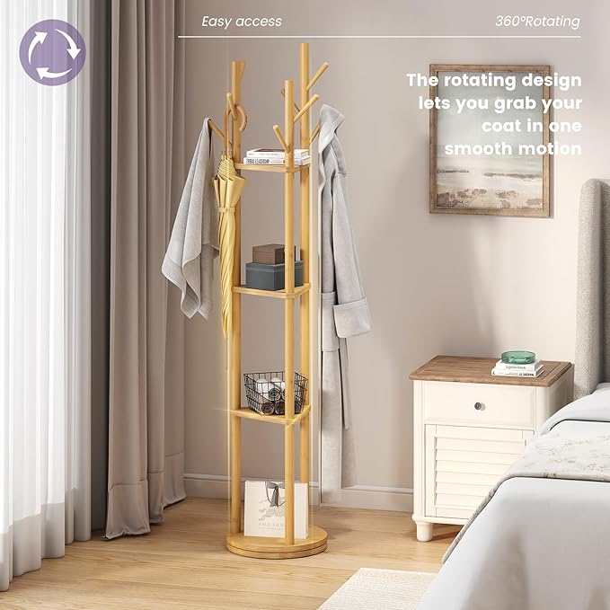 Rotating Coat Rack, Freestanding Coat Rack with 3 Shelves and 9 Hooks Clothes Organizer Coat tree for Bedroom, Entryway, Livingroom (Natural)