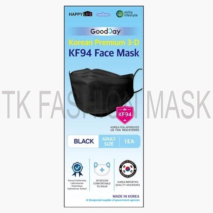 (Pack of 10) Black Disposable KF-94 Face Mask, 4-Layer Filters, Made in Korea, Nose Mouth Covering Dust Mask (individual Packed)(Black Color)