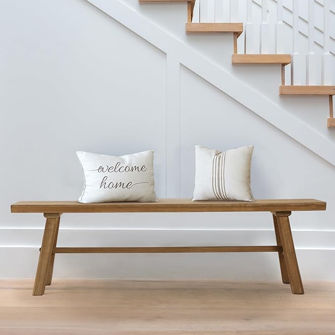 Wnutrees 55" Farmhouse Wood Bench, Rustic Solid Wood Dining Room & Entryway Bench Seat for Indoors, Easy Assembly, Natural