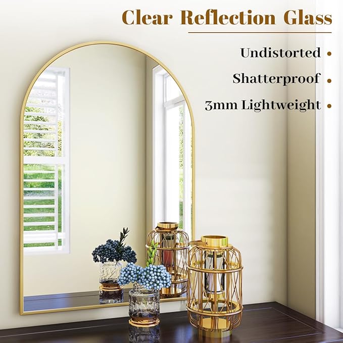 VooBang Arched Wall Mirror, 26 x 41 inch Arch Bathroom Mirror, Wall Mounted Vanity Mirror with Arch Metal Frame, Modern Bathroom Vanity Mirror for Bedroom, Living Room, Hanging or Leaning, Gold