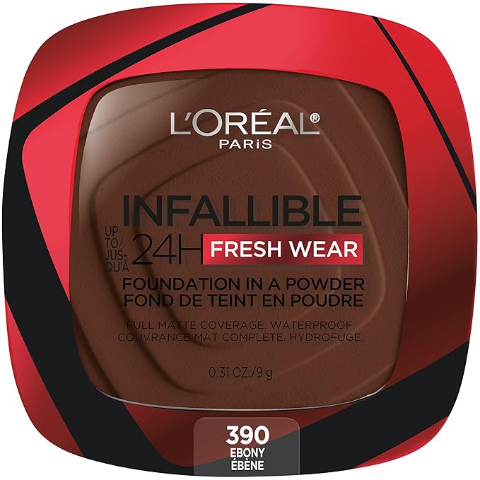 L'Oreal Paris Makeup Infallible Fresh Wear Foundation in a Powder, Up to 24H Wear, Waterproof, Ebony, 0.31 oz. (Packaging May Vary)