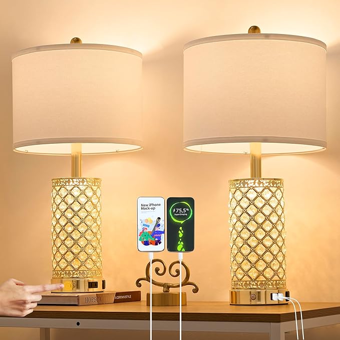 SAIWEYA Crystal Table Lamp Set of 2-24in Gold Bedroom Lamps 3-Way Dimmable Touch Lamp with Night Light, 2 USB Ports + AC Outlet Bedside Night Stand Lamp for Living Room (Gold-2 Pack 24In)