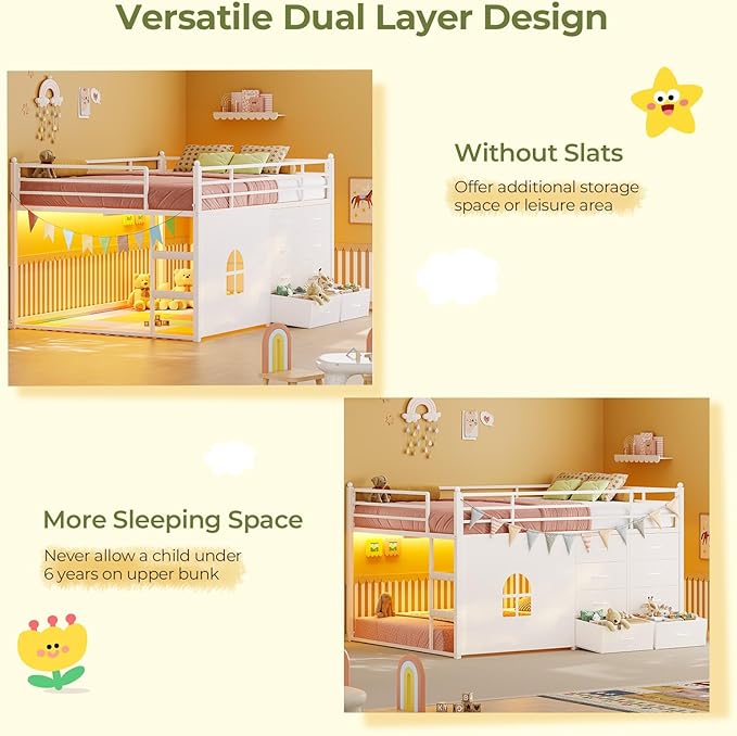 UPOSOJA Full Over Twin Bunk Bed with 8 Fabric Drawers, RGB LED Lights & Under-Bed Play Zone – F Over T Low Loft Bed with Soft Padded 2-Step Ladder, Space-Saving Bed for Kids, Teens (White, Full)
