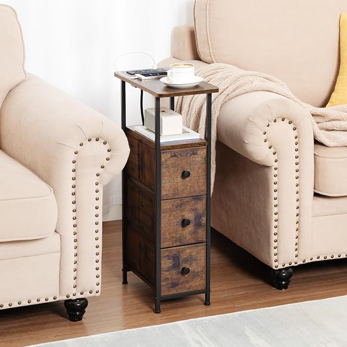 LOAKEKEL Narrow End Tables Living Room Set of 2 with Charging Station, Skinny Side Table with Fabric Drawers, Slim Nightstand for Bedroom, Small Spaces, Couch, Rustic Brown, HETNDP03PBR