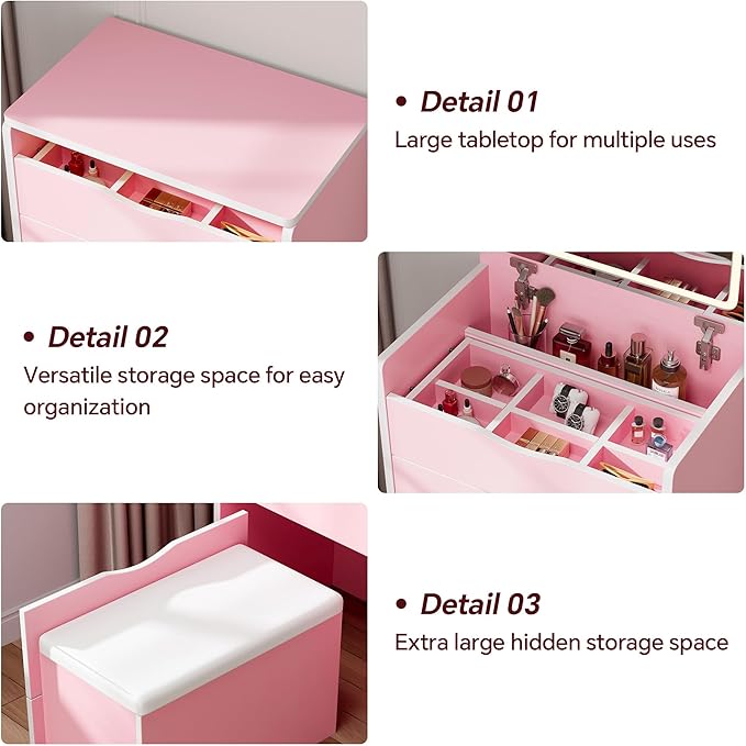 Mr IRONSTONE Compact Vanity Desk with Mirror and Lights, Hidden Makeup Vanity Cabinet with Storage Drawers & Shelves, Small Vanity Table for Bedroom, Flip Top Vanity for Small Spaces, Pink