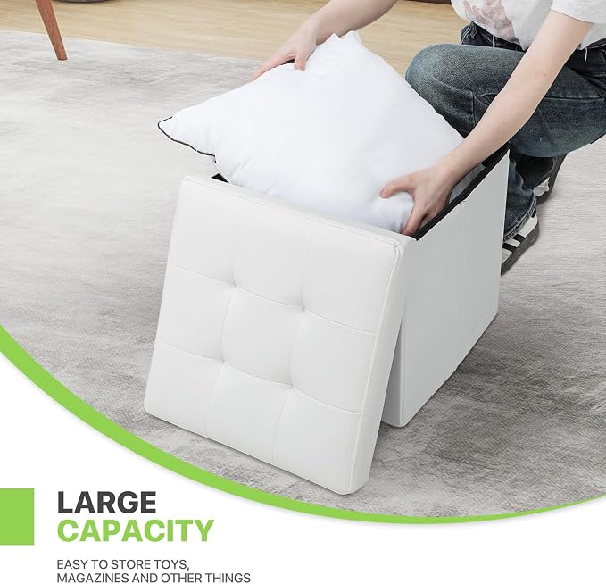 Magshion Small Folding Storage Ottoman Cube, 15 Inches PU Leather Footrest Stool, Square Ottoman with Storage for Entryway, Living Room, Bedroom, White