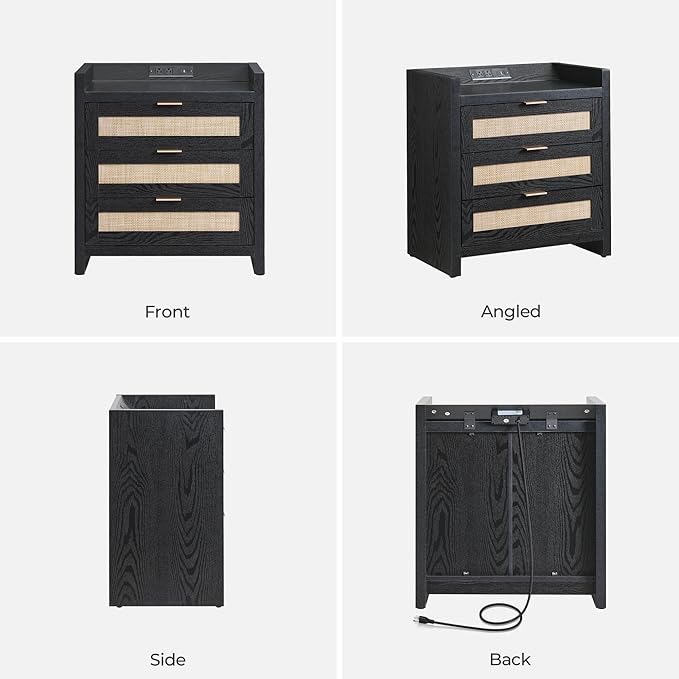 SICOTAS Rattan Nightstand Bedside Table - Larger Night Stand with Type-C Charging Station, 3 Drawers Storage - Boho Night Stands End Table for Bedroom - Black Oak