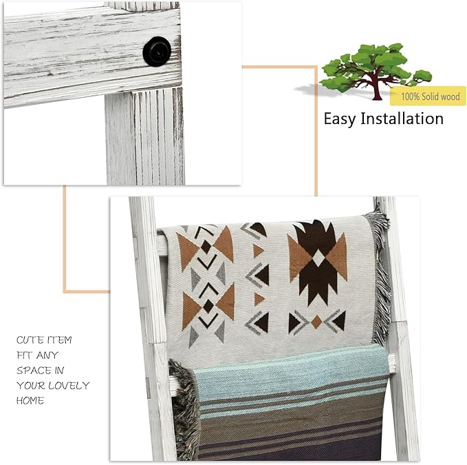 FUIN 6.4ft Extra Wide Wooden Blanket Ladder Living Room Decorative Wal Leaning Farmhouse Quilt Display Holder Rustic Wood Towel Rack for Bathroom, White, 24 inch Wide