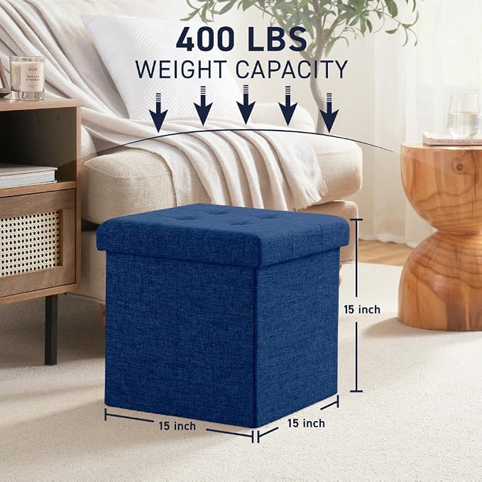 Ornavo Home Folding Storage Ottoman, 15 Inch Storage Cube with Lid, Foot Rest Stool for Bedroom, Living Room, Entryway, Tufted Linen Upholstered - Navy Blue