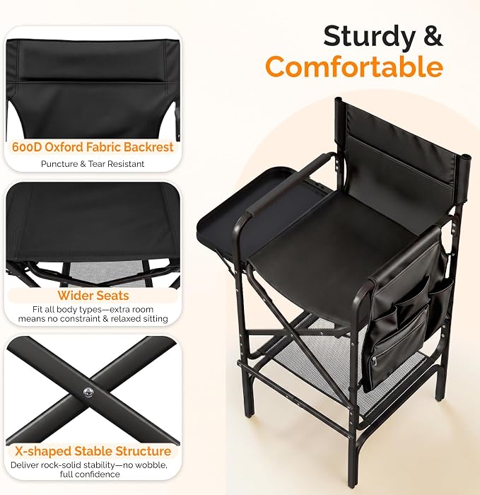 VINGLI 31" Tall Director's Chair for Makeup Artist, Aluminum Portable Makeup Chair with Retractable Side Table & Footrest,Supports 300 lbs, Foldable Makeup Chair for Studio, Black & Black