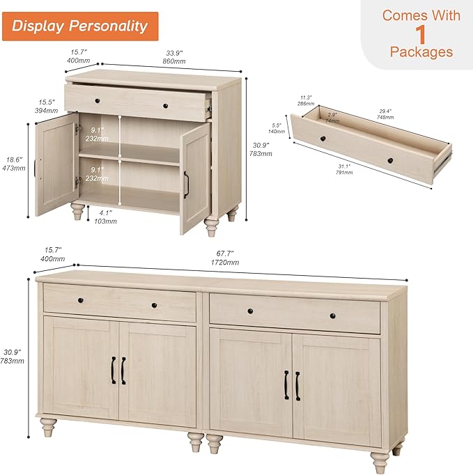 WAMPAT Buffet Cabinet with 4 Doors and 2 Drawers, Large Coffee Bar Table Wood Kitchen Storage Cabinets with Storage Cabinets, Modern Farmhouse Sideboard Credenza for Dining Room, Beige, 68 inch