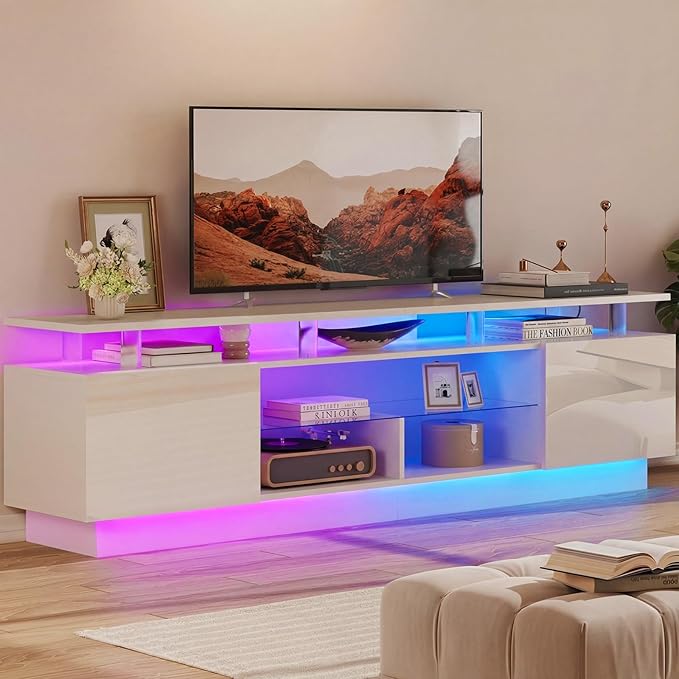 80” High-Glossy TV Stand with 2 Side Cabinets, Storage Entertainment Center, Modern Stylish TV Console with 3 Layer LED Lights&Power Outlets,Remote&APP Control for Living Room Use White