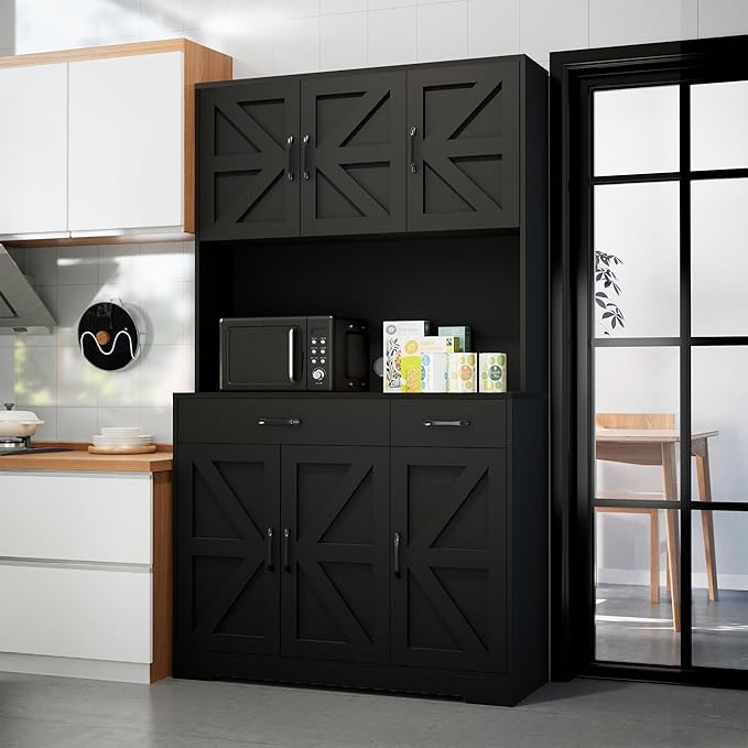 71" Kitchen Pantry Cabinet with Charging Station, Pantry Storage Cabinet Large Kitchen Hutch with Microwave Stand, Coffee Bar Station with Doors and Adjustable Shelves for Kitchen, All Black