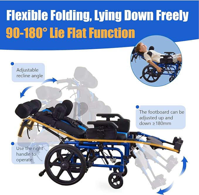 High Back Functional Wheelchair for Children and Teenagers with Cerebral Palsy 16 Inch Seat Width 180 Degree Recline Removable Dining Board Blue