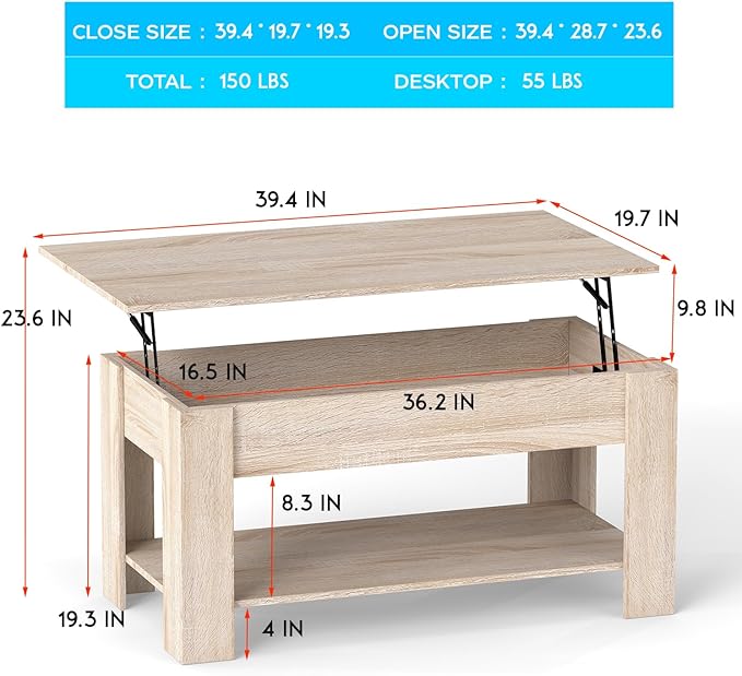 FDW Lift Top Coffee Table with Lift Tabletop Hidden Compartment and Storage Shelf Wooden Living Room Table for Home Reception Room Office,Nature