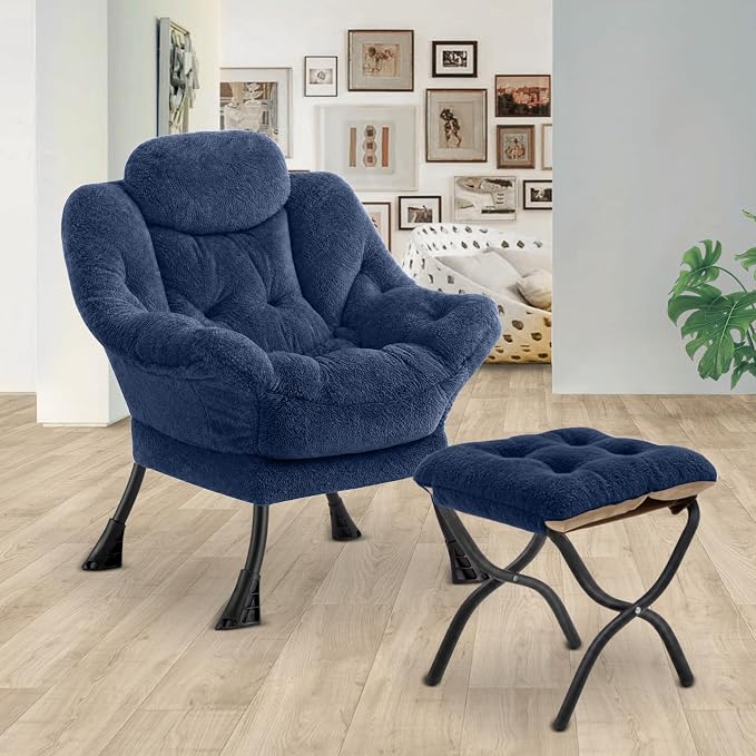 Lazy Chair with Folding Ottoman,Leisure Sofa Chair,Soft Fabric Armchair with Armrests and Side Pockets, Reading Chair with Footrest for Living Room, Bedroom, Office (Plush Navy)
