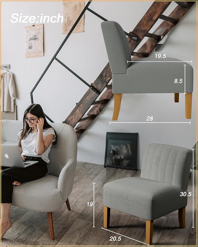 VIRRMO Armless Accent Chairs Set of 2 for Living Room, Modern Slipper Chair Living Room Chairs with Solid Wood Legs, Makeup Vanity Chair Fabric Comfy Upholstered Arm Chair Accent Chair,Grey