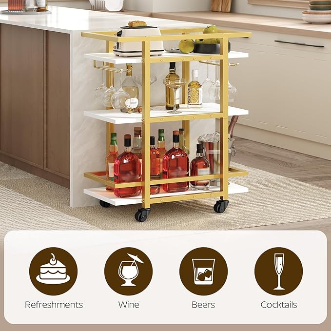 YATINEY 3 Tier Bar Cart, Home Bar Serving Cart with Wheels, Drink Cart with Glass Holder, Beverage Cart, Mobile Kitchen Cart, for Home, Garden, Party, Gold BC19DW