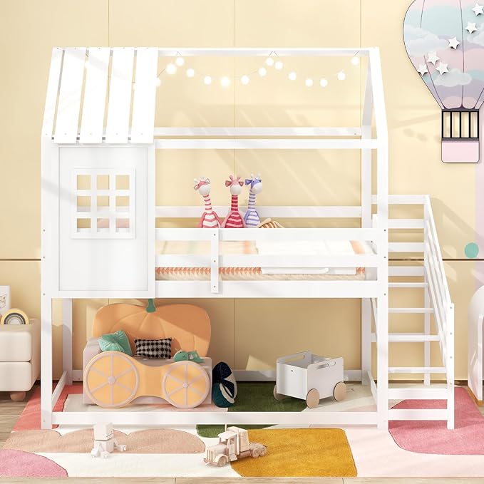 Giantex Twin Bunk Beds with Stairs, Floor House Bed with Roof & Window, Solid Wood Twin Over Twin Bunk Bed with Full-Length Guardrails and Steps, Space-Saving House Bed for Kids, Girls, Boys, White