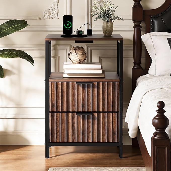 VINGLI Walnut Nightstand with Charging Station and Fabric Drawers, Fluted Nightstand with Drawers, Bedside Table/End Table with Charger Station, Side Table Bedroom, Small Night Stand Dark Walnut