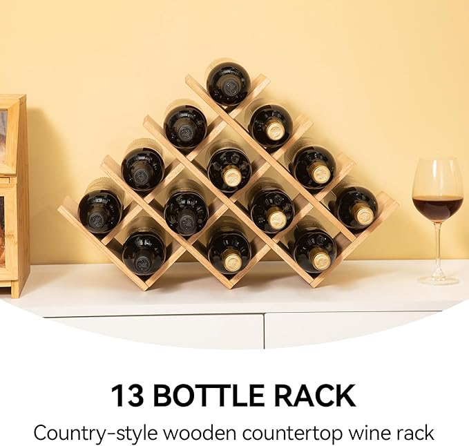 KIRIGEN 13-Bottle Wine Rack, 4-Tier Solid Wood Countertop Wine Holder, Freestanding Bottle Storage Shelf for Kitchen, Bar, Cabinet, Pantry, 22.28 x 5.9 x 13.9 in, XHJJ4-NA
