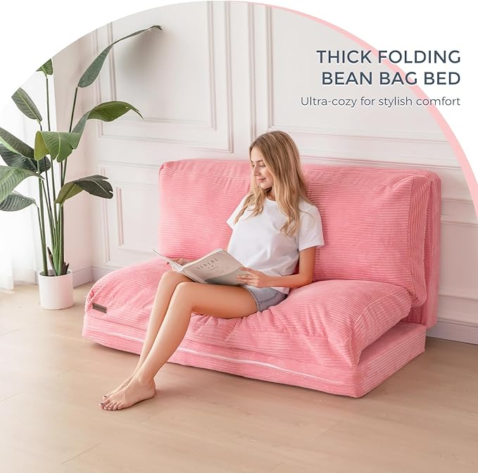 MAXYOYO Folding Sofa Bed, Floor Sofa Convertible Sleeper Chair with Washable Cover, Floor Couch Lounge Bean Bag Chair Bed for Living Room, Pink, 54x95 Inch