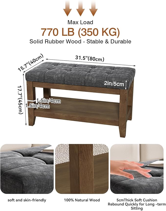 ABHENG Solid Rubber Wood Shoe Bench, Soft Chenille Material Upholstered Seat, 770LB Load Capacity, Multi-Storage for Entryway/Bedroom/Living Room, Vintage Style, 31.5"x15.7"x17.7", Dark Gray,UASND66G