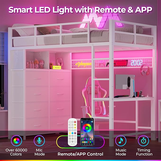 ADORNEVE Twin Size Loft Bed with Desk and 8 Storage Drawers, Metal Kids Loft Bed Twin with LED Lights & Charging Sation, Storage Shelves, 13.1" H Safety Guard & Ladder, No Box Spring Needed, White