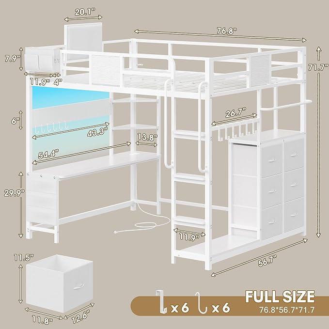 BYSAUD Full Size Loft Bed, Loft Bed with Desk, Full Loft Bed, 6 Storage Drawers & 4 Storage Shelves & 2 Storage Bags, LED Lights & Charging Station, Safety Guard & Ladder, Noise Free, White