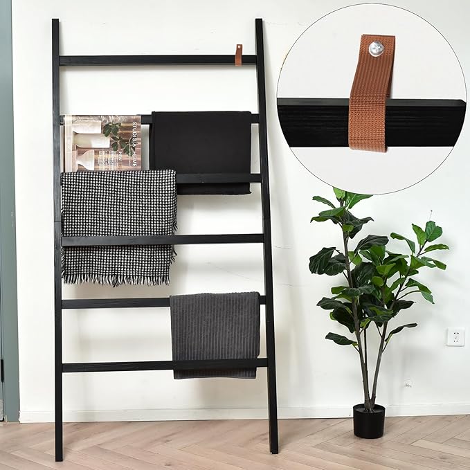 FUIN Extra Wide 6.4ft Wooden Blanket Ladder Living Room Decorative Wal Leaning Farmhouse Quilt Display Holder Rustic Wood Towel Rack for Bathroom, Black, 38 inch Wide