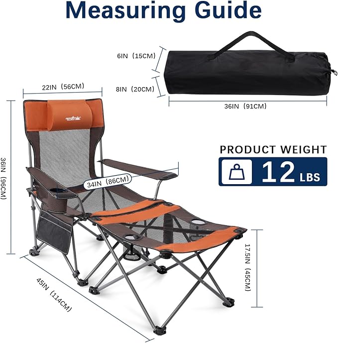 apollo walker Reclining Beach Chair, Adjustable 90-135° Backrest Camping Lounge Chairs for Adults, Folding Chair with Foot Rest & Detachable Pillow - Upgraded 8-Leg, Orange
