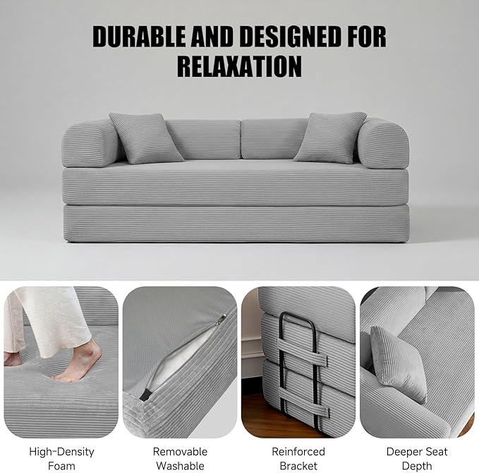 79" Compressed Sofa, Convertible Sofa Bed, Corduroy Compression Boneless Couch with Pillow, Comfy Modular Foldable Floor Sleeper Sofa for Bedroom, Living Room, Lounge, Studio (Light Gray)