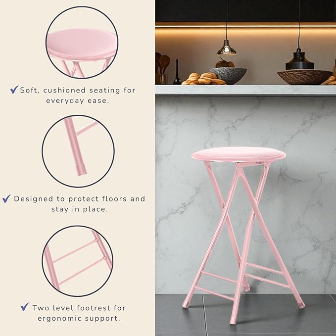 Lavish Home Folding Stool - Set of 2 Counter Height Bar Stools – 24-Inch Backless Folding Chairs with 225lb Capacity for Kitchen, Rec Room, or Game Room (Pink)