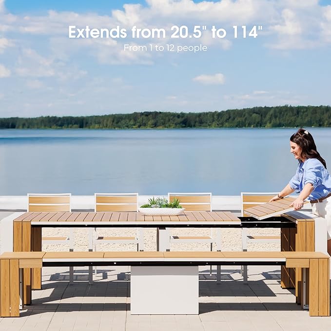Transformer Table - Extendable Outdoor Dining Set up to 12, Expandable Patio Table, Weather-Resistant Patio Furniture, Light Oak, Natural (Table + Bench + 4 Chairs + Umbrella)