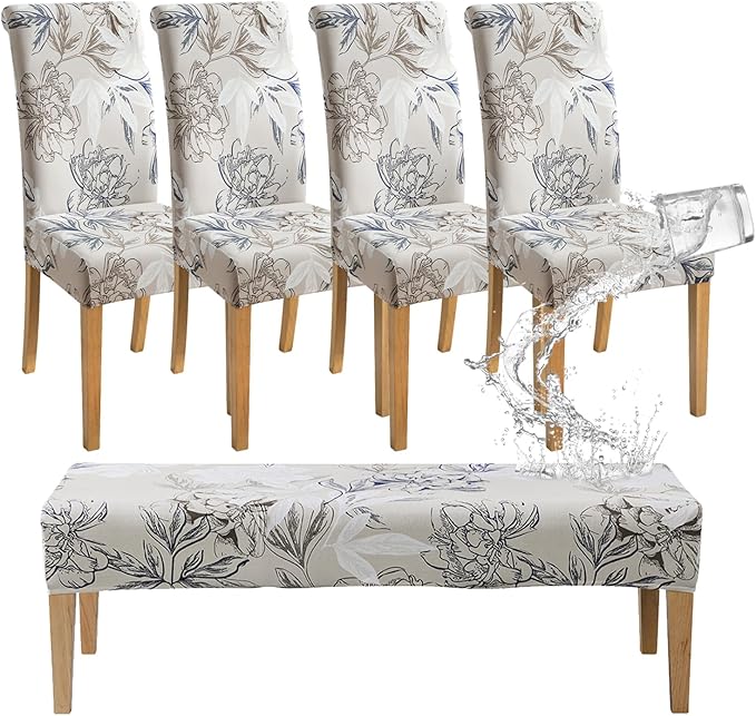 FORCHEER 4 Chair and Bench Covers for Dining Chairs Waterproof Floral Dining Room 4 Piece Kitchen Chair Slipcovers with Bench Seat Cover Set Washable (Waterproof Elegent-Flowers)