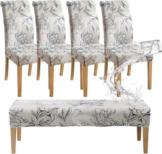 FORCHEER 4 Chair and Bench Covers for Dining Chairs Waterproof Floral Dining Room 4 Piece Kitchen Chair Slipcovers with Bench Seat Cover Set Washable (Waterproof Elegent-Flowers)