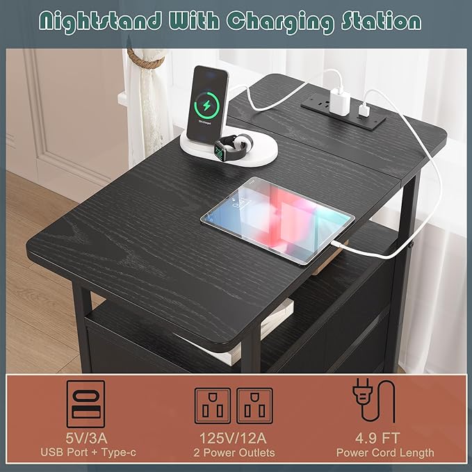 sthmec End Table with Charging Station,LED Side Tables with USB Ports and Outlets,Narrow Nightstands Bedside Tables with 3 Drawers PU Finish for Small Space,Slim Sofa Table for Livingroom,Black