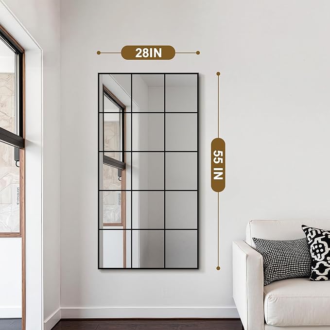 Window Mirrors for Wall Decor, Large Wall Mirrors Decorative Window Pane 28 x 55, Rectangular Metal Framed Wall Mounted Mirrors for Bedroom, Living Room, Dining Room, Entryway, Bathroom