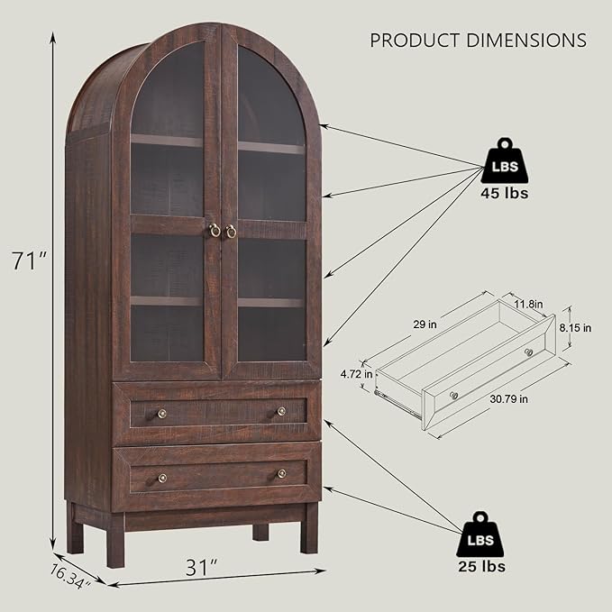 IFGET 71" Tall Arched Kitchen Pantry Cabinet, Wood Kitchens Storage Cabinets with 2 Large Drawers and Adjustable Shelves, Modern Farmhouse Versatile Cupboard for Kitchen, Dining Room, Bathroom, Brown
