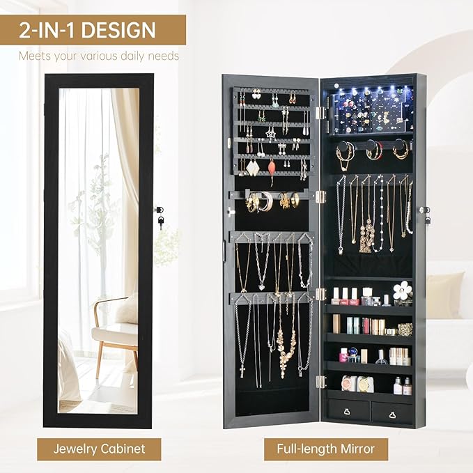 8 LED Lights Jewelry Armoire with Mirror - 47.3” H Mirror Jewelry Cabinet Door Hanging/Wall Mounted Mirror with Storage And 2 Drawers Black