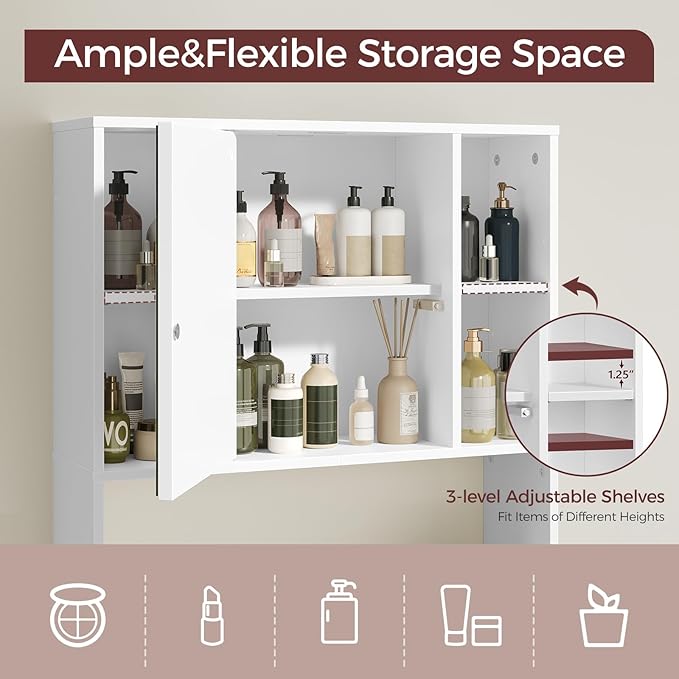 MAHANCRIS Bathroom Wall Cabinet with Mirror, Wall Mounted Medicine Cabinet with Color Adjustment LED Lights, Mirrored Over The Toilet Storage Cabinet with Adjustable Shelves, 23.6''W x 21.6''H, White