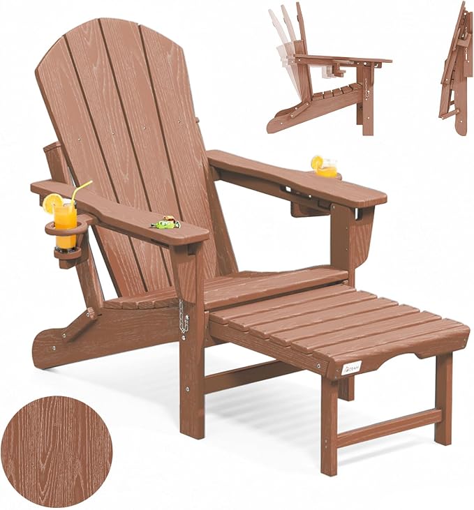 Mdeam 3-Level Adjustable Adirondack Chair with Retractable Ottoman, HDPE All-Weather Folding Fire Pit Chair with 2 Cup Holders, Outdoor Chair for Deck Patio Garden Backyard Lawn (Teak)