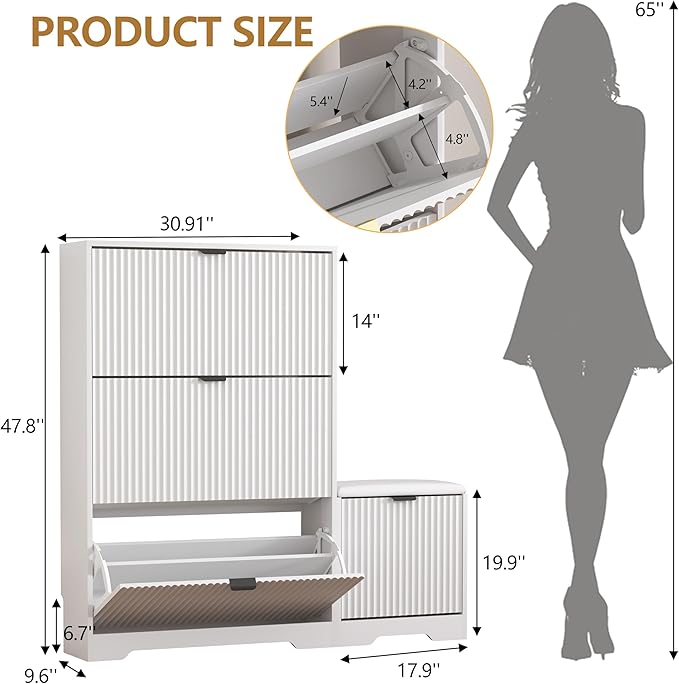 HUANLEGO Shoe Cabinet Storage for Entryway with 4 Flip Drawers, White Fluted Shoe Cabinet with Bench, Wooden Hidden Shoe Rack Freestanding Narrow Slim Shoes Storage Organizer for Hallway, Entrance