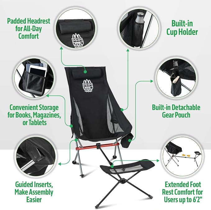 MHM Portable Camping Chair with Footrest, High Back Reclining Lightweight Folding Chair with Cup Holder, Storage Pocket & Carry Bag for Camping, Beach, Backpacking, Outdoor