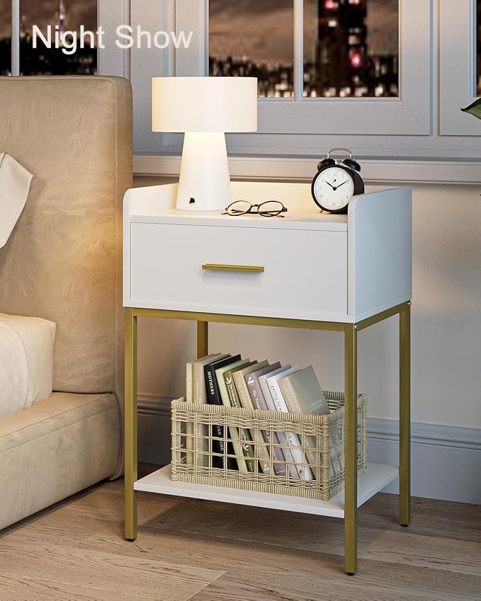 Nightstand,3-Tier Modern Night Stand,Bedside Table with Storage Drawer and Shelf,Small Side Table for Bedroom,Living Room,White