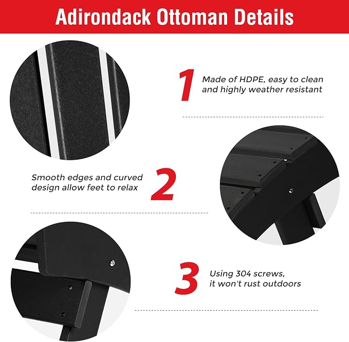 Costaelm Adirondack Chair Footrest, Patio Footstool, Ottoman Outdoor Foot Rest for Patio Waterproof, Adirondack Ottoman Patio Footstool, Black