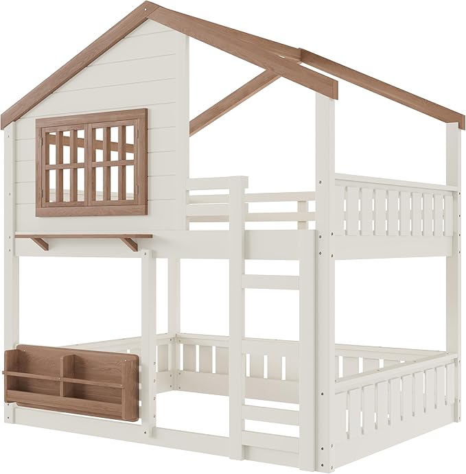 Full Size House Bunk Bed Frame with Storage Bookshelf, Window, Wooden Floor Bunk Bed with Fences, Space Saving for Kids Adults, No Noise, Beige