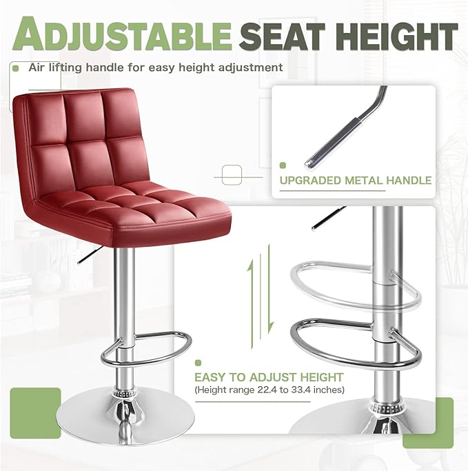 Furmax Bar Stools Modern Pu Leather Swivel Adjustable Hydraulic Bar Stool Square Counter Height Stool Set of 2 (Wine Red)